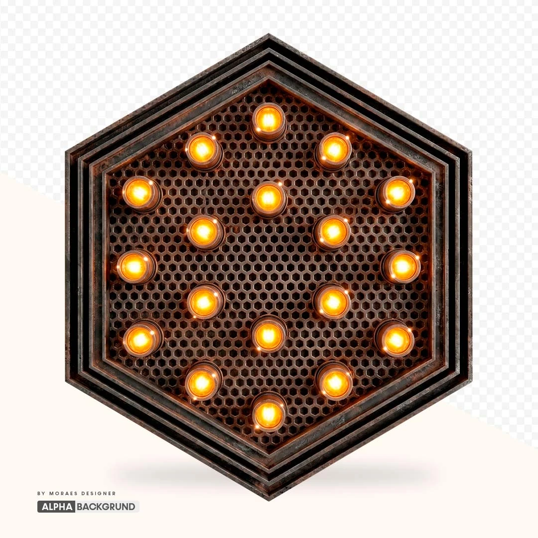 PNG FREE: Hexágono de Metal com Luzes e Brilho – Elemento Fundo Transparente Grátis