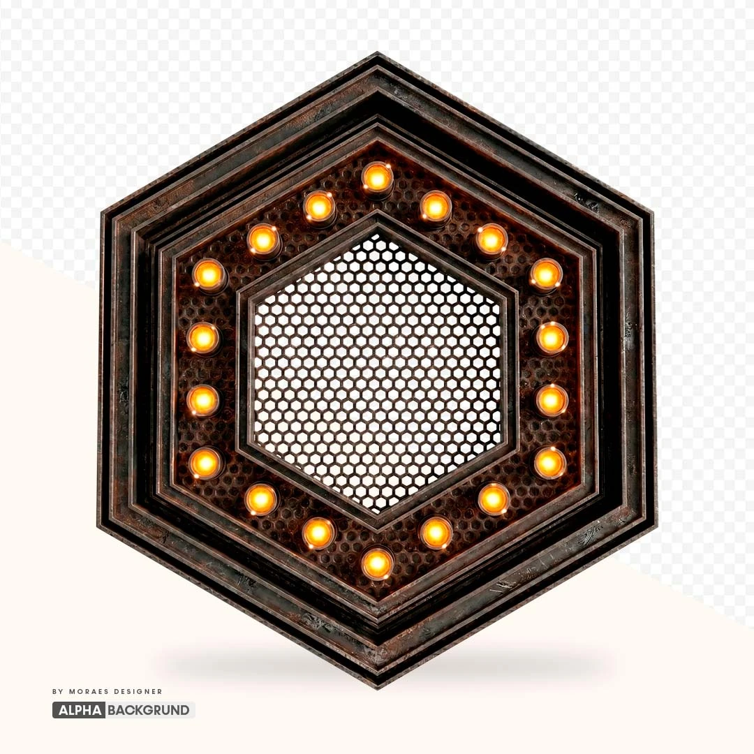 PNG FREE: Hexágono de Metal com Luzes e Brilho – Elemento Fundo Transparente Grátis
