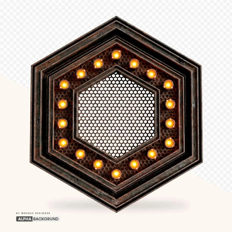 PNG FREE: Hexágono de Metal com Luzes e Brilho – Elemento Fundo Transparente Grátis